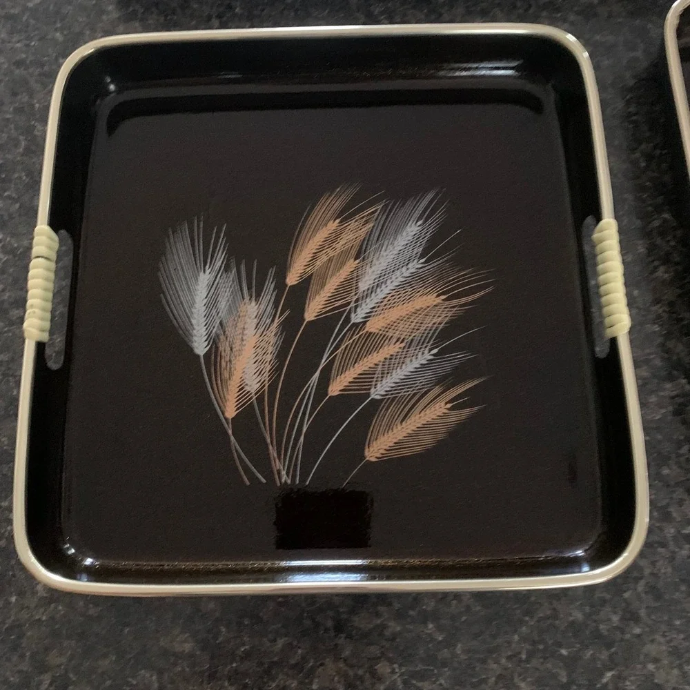 Vintage Japan Nesting‎ Tray Set Wheat Design – 3 Serving Trays w/ Handles Brown